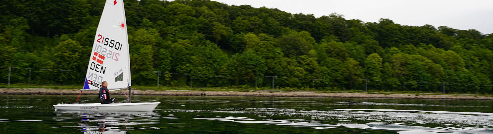 A person is sailing a small white sailboat on a body of water with a dense green forest in the background. Description generated by AI